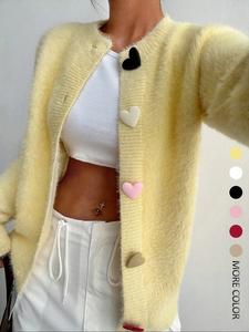 women's solid color heart design cardigan, elegant fashion casual button front sweater coat for daily outdoor wear, women knitwear for fall & winter