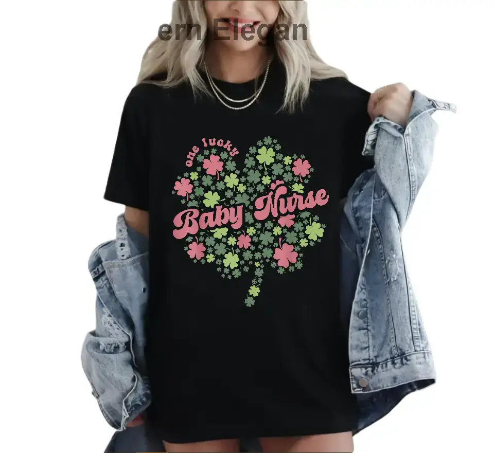 One Lucky Baby Nurses Shamrock Peds 50/50 Cotton/Cotton Graphic Printed T-Shirt - Classic Fit, Unisex, Casual, Medium, All Seasons - Menswear, Shirt For Women, Crewneck, Sweatshirt, Comfort Colors, Hoodie B070R3 Top Womenswear
