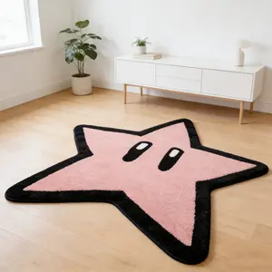 Adorable Cute Pink Star Alien Carpet - Black and Pink Contrasting Flocked Floor Mat for Bedroom Bedside Anti-Slip Durable Sticker Mat - Kids Room Cuddly Decorative Pad Compatible with INS Style / Girly Home Decor