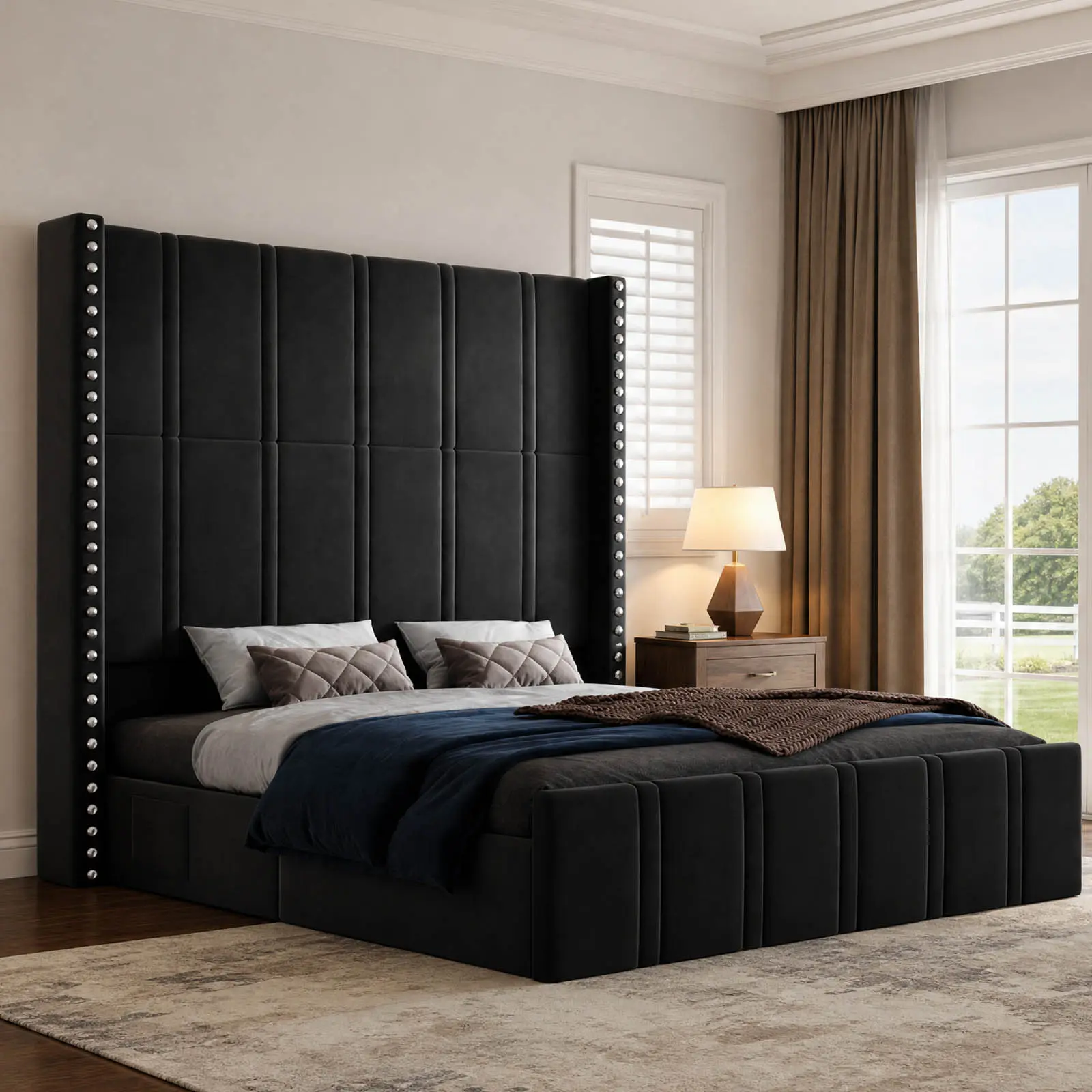 Queen Size Bed Frame with65.75"Tall Headboard, Velvet Upholstered Platform Bed Queen Bed Frame with Storage Pockets,Wide Wingback Design,Noise-Free,No Box Spring Needed,home decor,Best Gift Ideas/Christmas Gifts,Luxury Bedroom Furniture[backtoschool]