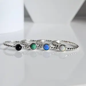 Sterling Silver Beaded Opal Ring Turquoise, Onyx, or Blue Opal