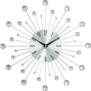 Metal Starburst Decorative Wall Clock With Crystal Accents for Home and Room, 15" x 2" x 15", Silver
