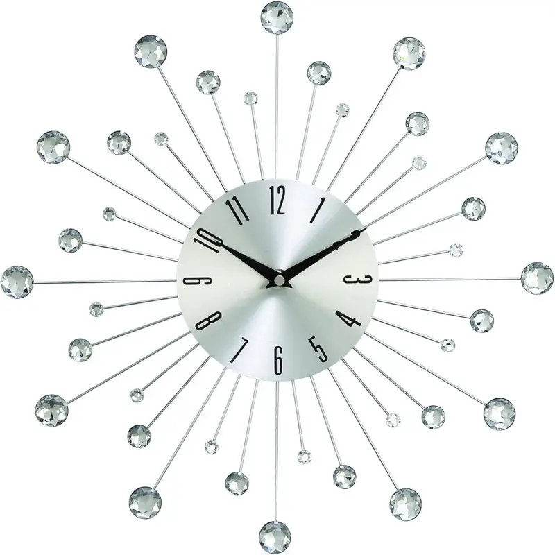 Metal Starburst Decorative Wall Clock With Crystal Accents for Home and Room, 15" x 2" x 15", Silver