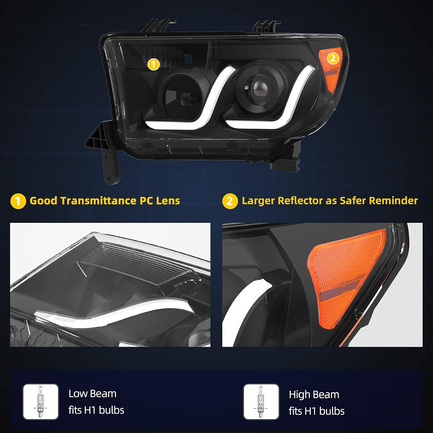 YITAMOTOR Headlights Assembly Compatible with 2007-2013 Tundra/ 2008-2017 Sequoia Headlamp Black Housing Amber Reflector