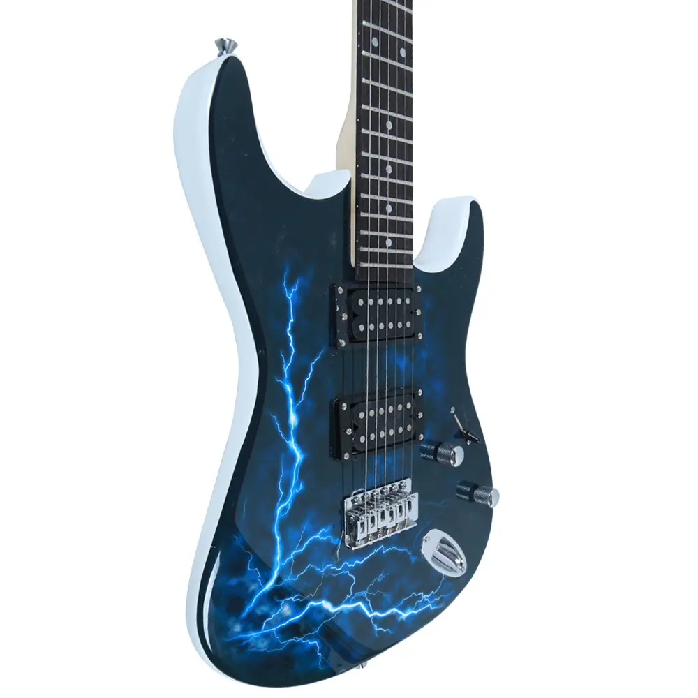 Beginner Kids' Lightning-Style Electric Guitar Complete Set - Includes Power Cord, Strap, Bag, Plectrums, Extra-Light Strings, Slider - Lightweight, Affordable (Black, White) - Ideal for Practice, Performance
