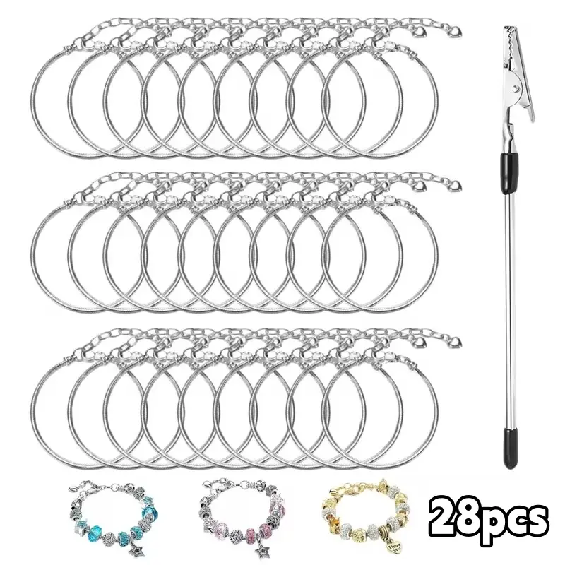 28 pcs Charm Snake Chain Bracelet Set and tool, holder Adjustable 6.4Inch Bracelet with Lobster Clasp Extension Chain,DIY Jewelry Making Supplies for Women,Handmade Bracelet Kit for Craft,Gift for Her graduation mini