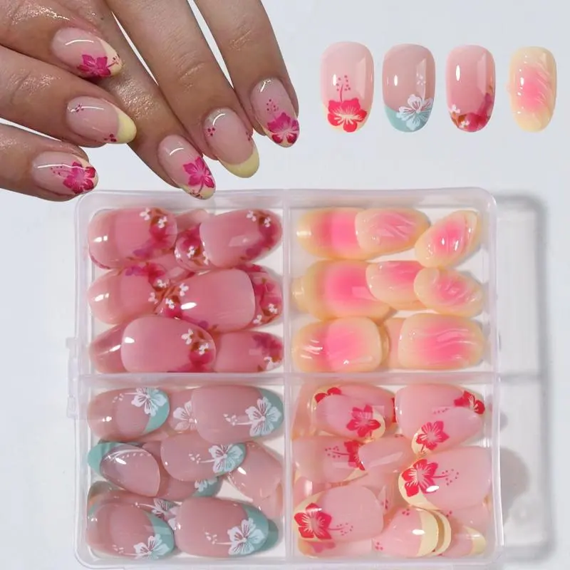96pcs Short Oval False Nails, Multicolor Floral French Style, Y2K Acrylic Press-On Nails, Reusable for Women and Girls, DIY Nail Kit