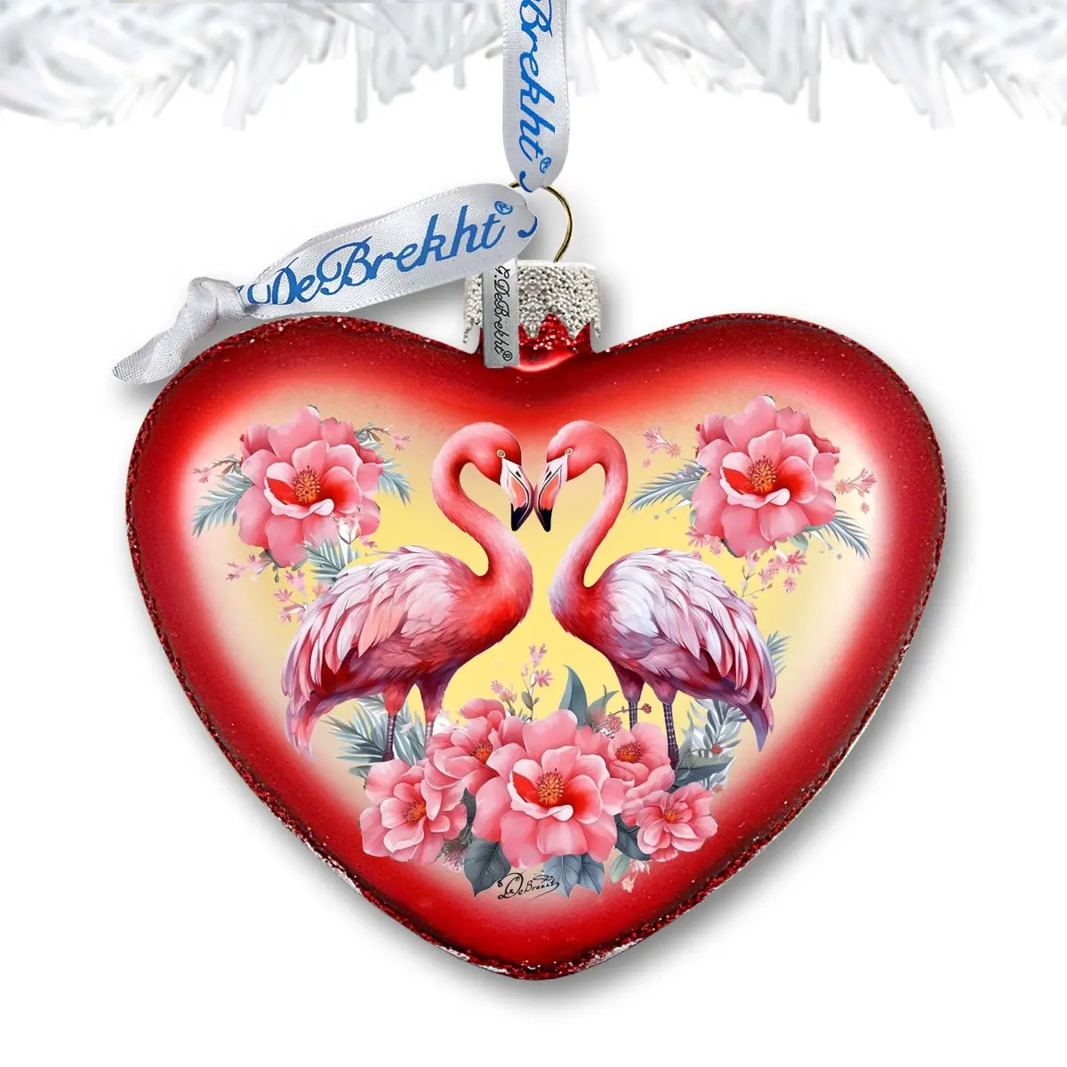 Designocracy 753-013 Painting Satin Flamingo Love Heart Glass Ornament, 3x3.5 in. Christmas Tree Decoration, Festive Home Decor with Box