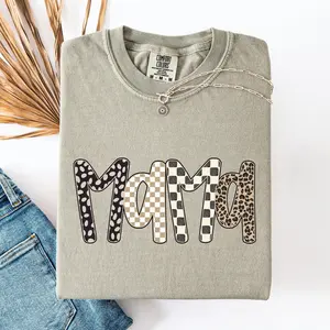 Mama, Fun Patterns, Leopard Print, Checkered, Neutral Colors Comfort Colors T-Shirt, Women's Comfort Colors Tee