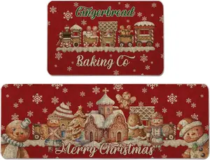 Christmas Kitchen Rug Gingerbread Family Red Kitchen Mat Set of 2 Merry Christmas Winter Farmhouse Party Floor Mat for  Kitchen Bathroom Decorations - 17x27 and 17x47 Inch