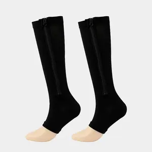 2Pairs Women's Open Toe Sports Compression Socks, Breathable Toe Less Leg Support Shaping Socks With Zippered Socks, Elastic Socks, Long Tube Socks, Calf Socks