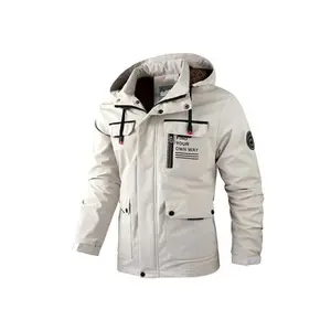 Men’s hooded jacket with letter print, button pockets, and zipper; men’s fall clothing; streetwear windbreaker with patches and drawstring; waterproof jacket; windbreaker jackets; men’s winter jacket suitable for spring and autumn