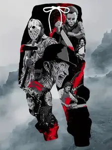 Halloween Horror Character 3D Pattern Printed Comfortable Sports Pants With Drawstring - Quick-Dry, Moisture-Wicking Men's 3D Horror Graphic Joggers | Polyester Sweatpants with Pockets, Black Casual Pants for Running, Outdoor Activities & Casual