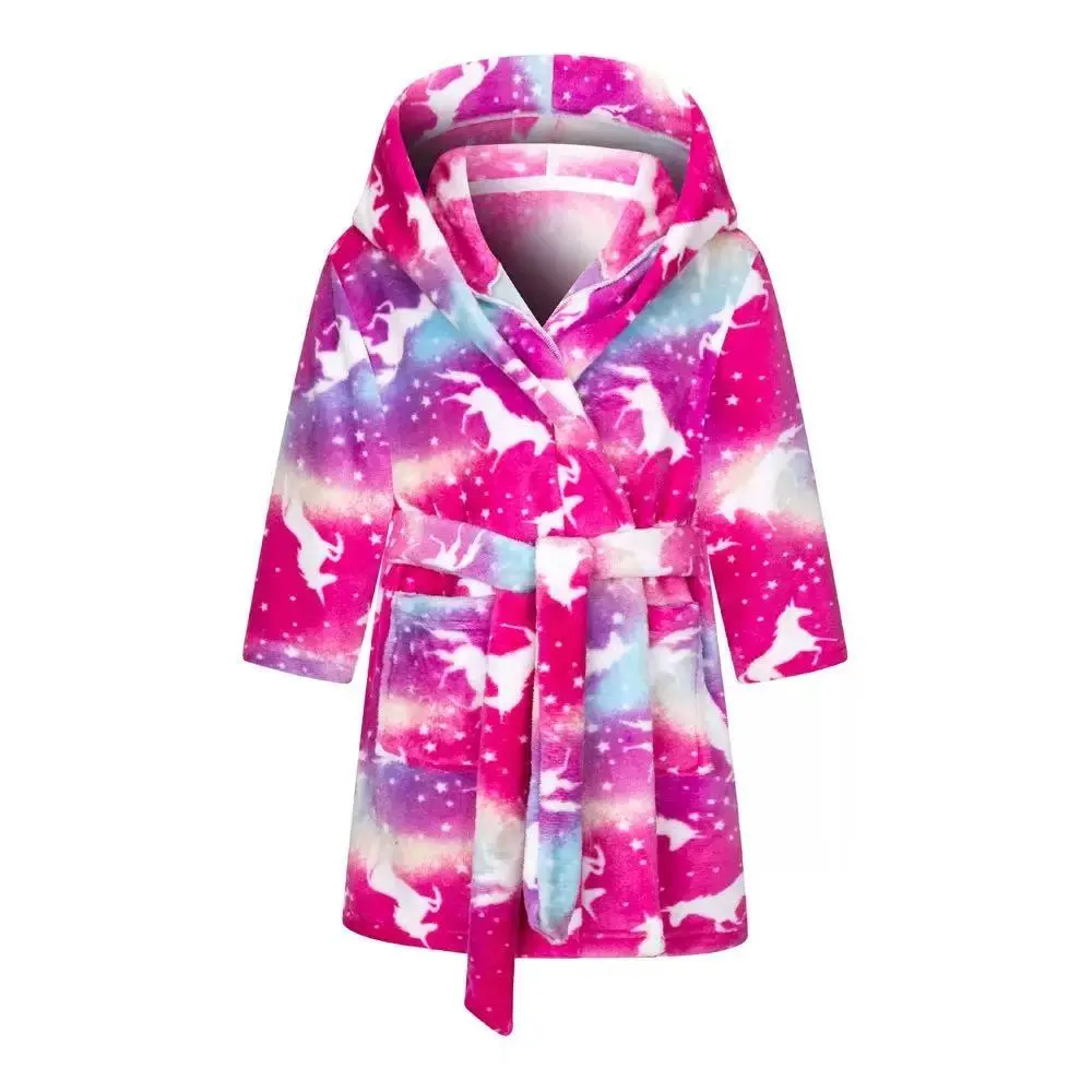 Kids Unicorn Print Hooded Bath Robe - Soft Flannel Toddler Bathrobe for GirlS