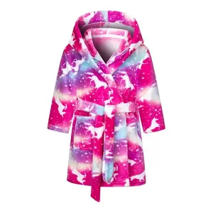 Kids Unicorn Print Hooded Bath Robe - Soft Flannel Toddler Bathrobe for GirlS