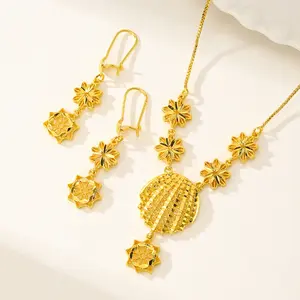 Saudi Arabia Copper Plated  gold Jewelry Set Women's Bridal Wedding Party Necklace Earrings Two Piece