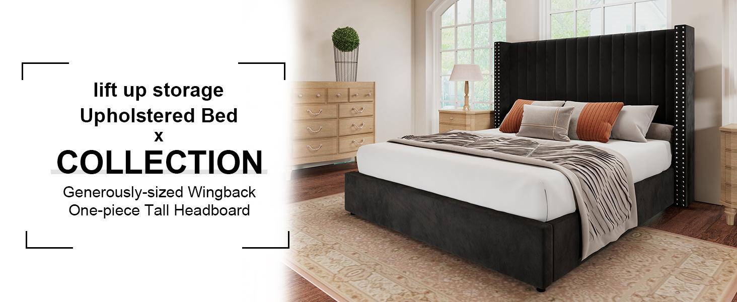 AMERLIFE Bed Frame with Headboard Lift Up Storage Bed, Velvet Upholstered Bed Frame With Channel Tufted Wingback Headboard/Christmas Gift/Best Gift Ideas