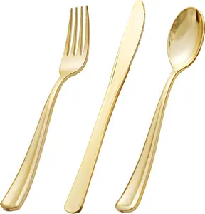 600 Pieces Gold Plastic Silverware - Disposable Gold Utensils - Heavy Duty Plastic Cutlery set- 200 Forks, 200 Spoons, 200 Knives for Party & Wedding