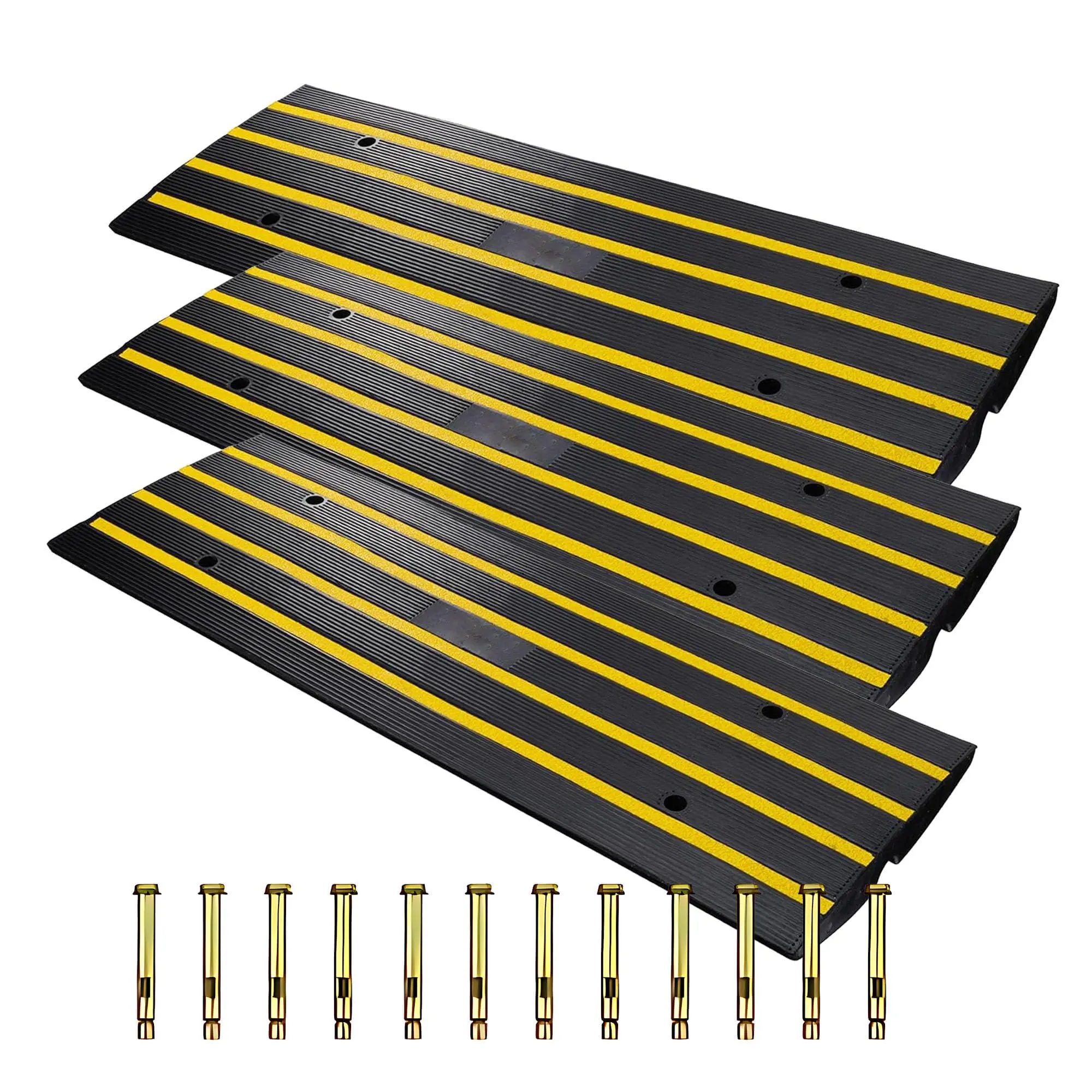 3 Pack Recycled Rubber Curb Ramps for Driveway, 2.4" h Heavy Duty Car Ramps with 1-Channel Cord Cover 110,000 Lbs Load Capacity, for Garage, Sidewalk, Warehouse– 12 Expansion Bolts
