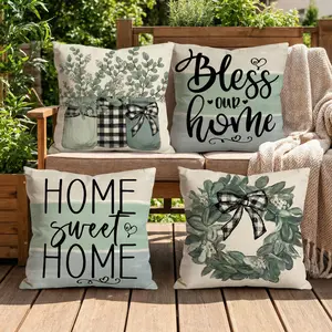 Watercolor Eucalyptus Wreath Decorative Throw Pillow Covers Set of 4, Farmhouse Botanical Porch Outdoor Pillowcase, Bless Our Home Sofa Couch Cushion Case Home Decor 0201YH