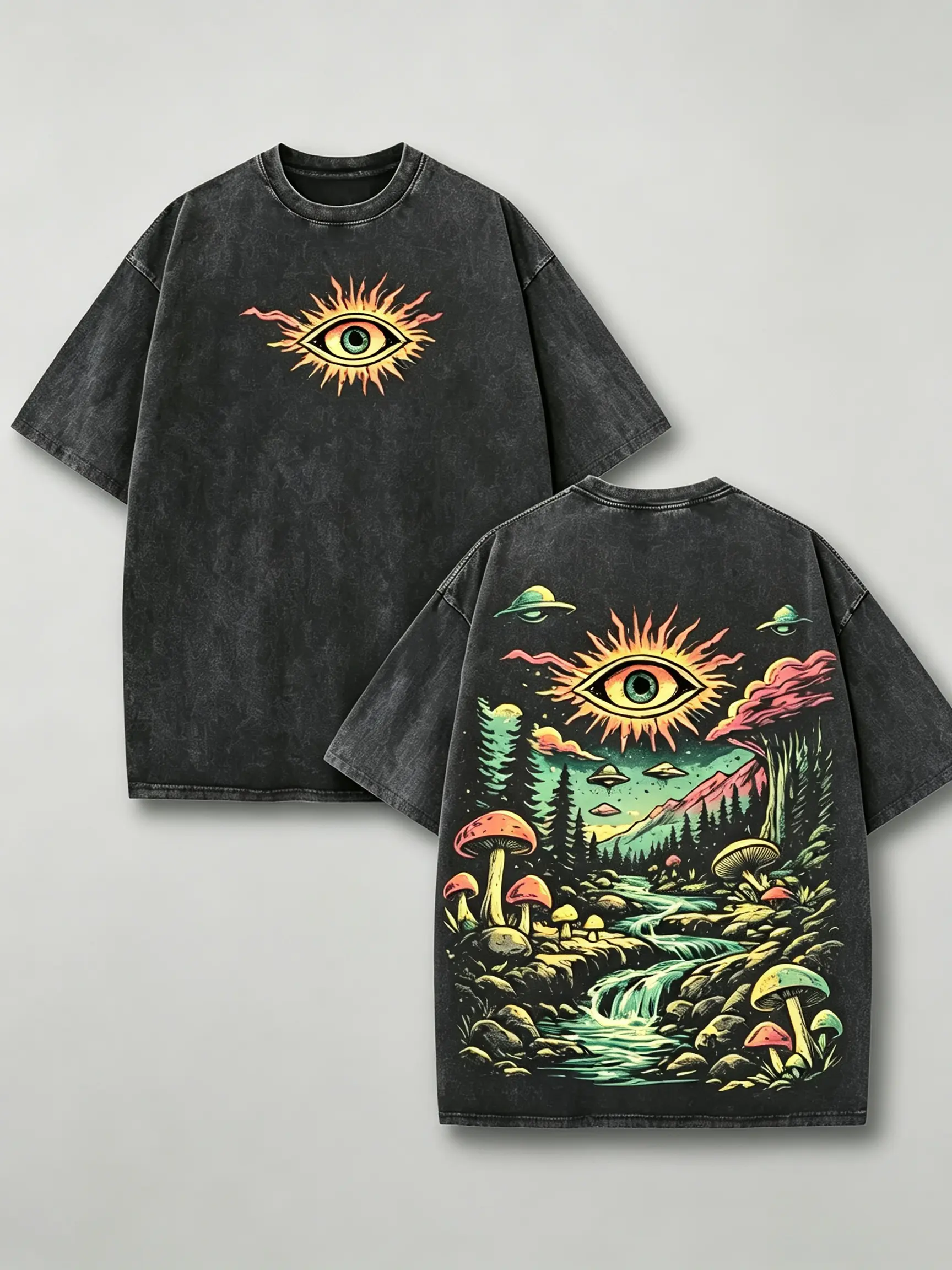 Men's Retro-Inspired Water-Washed Heavyweight Baggy Classic T-Shirt, Relaxed-Oversized Fit, Breathable Tops, Mushroom Graphic, for Alternative Metal Band Fans, Street Style Casual Commute Wear