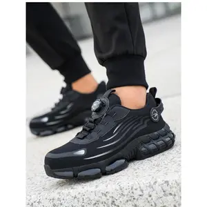 Men's Casual Rotating Buckle Low Top Safety Shoes Black Breathable Anti-Slip Sole Magnetic Closure Striped Pattern for Daily Wear