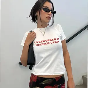 Overworked And Underfucked Baby Tee Funny Sarcastic Y2k Crop Top Retro Bold Quote Shirt Trendy Coquette Aesthetic Fitted Tee For Her