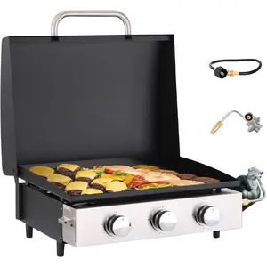 GREEN PARTY 22 inch Tabletop Griddle with Ceramic Coated Cast Iron Plate, 3 Burners Flat Top Griddle, Portable Propane Gas BBQ Grill Griddle for Kitchen Outdoor Cooking Barbecue Camping Tailgating