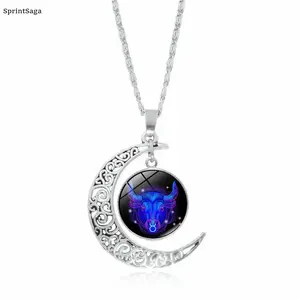 Zodiac Constellation Necklace for Women, Glowing Horoscope Pendant Necklace, 12 Star Sign Crystal Jewelry, Aesthetic Moon Necklace for Daily Wear, Birthday Gift