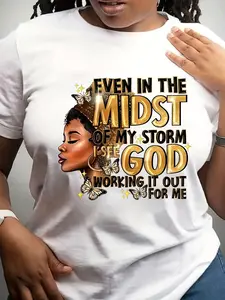 Women's Inspirational Short Sleeve T-Shirt - "Even in the Midst of My Storm" Portrait Print, Crew Neck, Soft Fabric, Casual Spring & Summer Wear, Relaxed Fit Tee with Butterfly Motif Design, Ladies T Shirts Bottoms Top