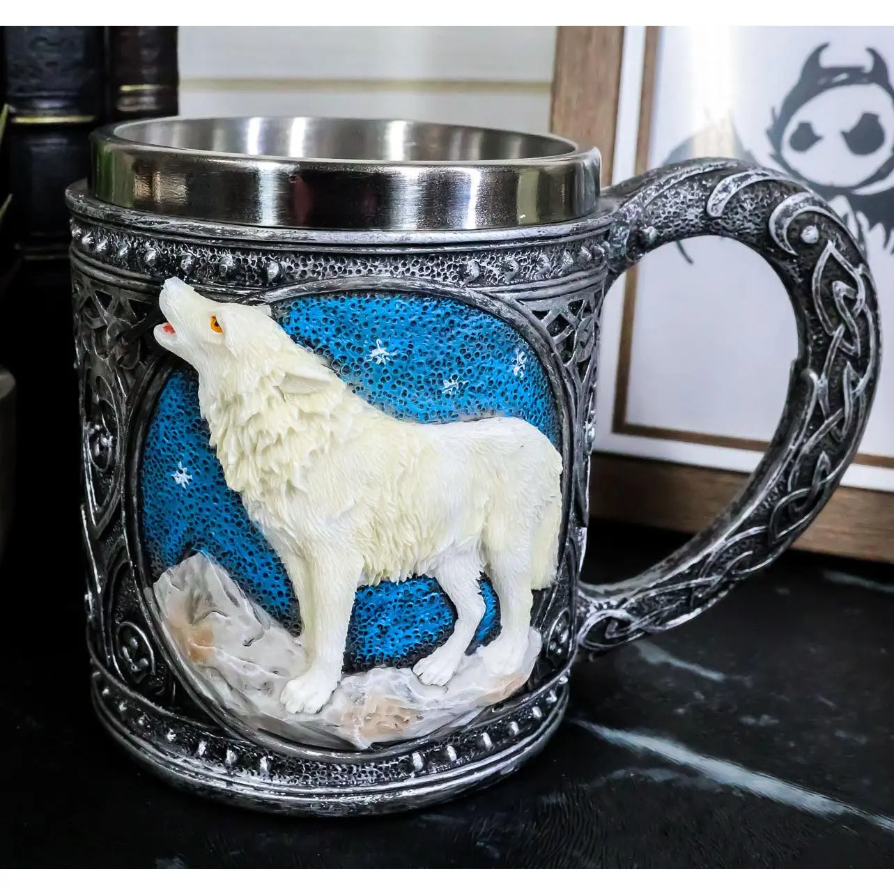 Celtic Howling Direwolf White Wolf At Starry Night Mountains Coffee Mug 14oz