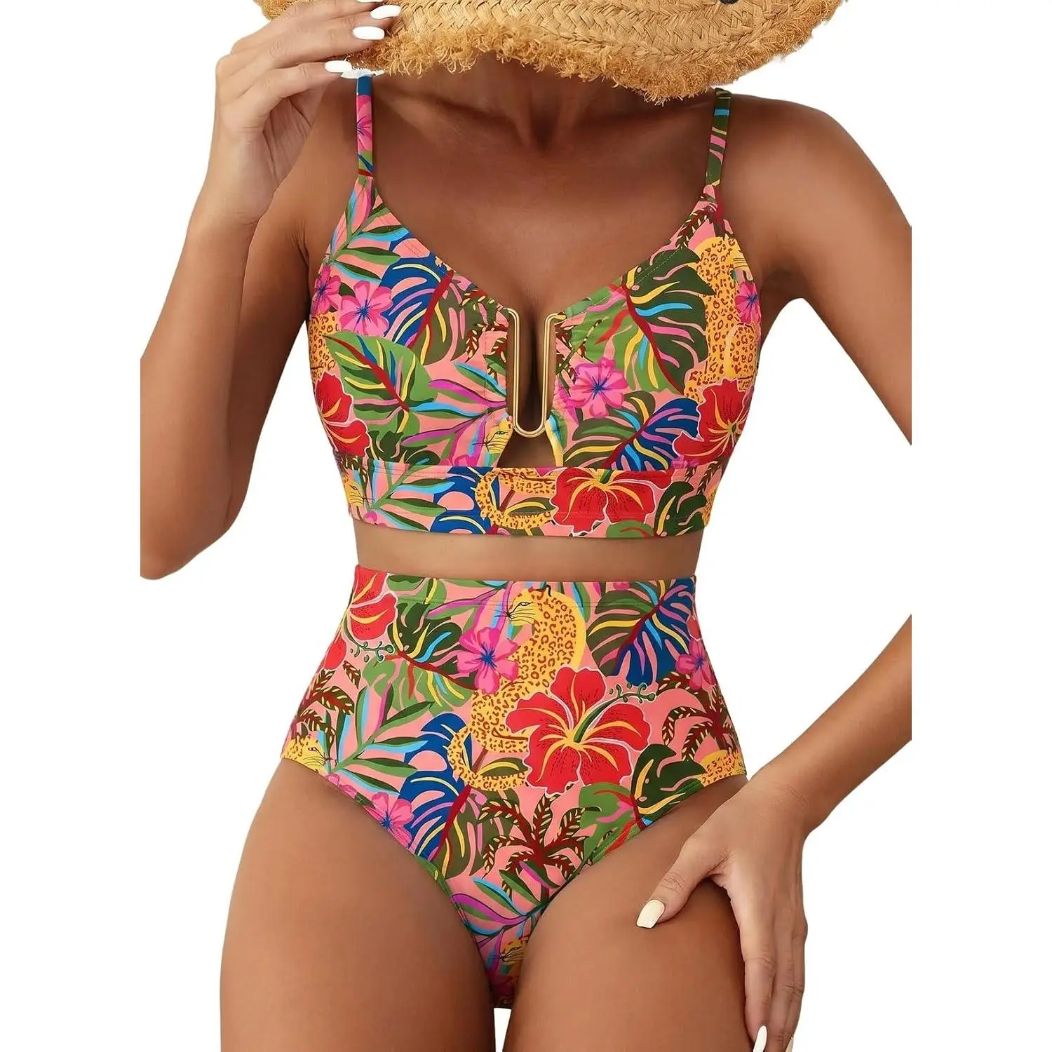 Women's U Wire 2 Piece High Waisted Floral Print Bikini Sets | 2 Piece U Wire Cute Bikini Sets, Beach Vacation Crisscross Back Swimsuits, Removable Pad High Cut Bathing Suits for Women