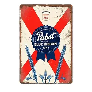 2D Flat, 1pc Pabst Blue Ribbon Beer Metal Sign - Heavy-Duty Vintage 1844 Brewing Logo & Retro Pabst Branding - Collectible Beer Memorabilia Wall Decor for Man Cave, Pub, Kitchen -