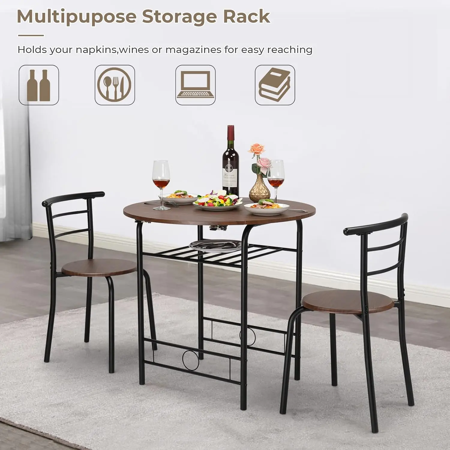 VINGLI 31.5" Drop Leaf Dining Table Set 3 Pieces for Small Space,Small Kitchen Table Set for 2,Round Folding Table with 2 Chairs for Home,Kitchen,Apartment