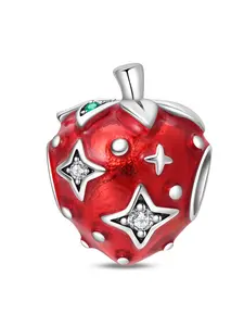Sparkling Strawberry Charm with Star Crystals, Enamel & Fruit Design, Cute Girly Jewelry for Pandora Bracelet, Perfect Gift Idea