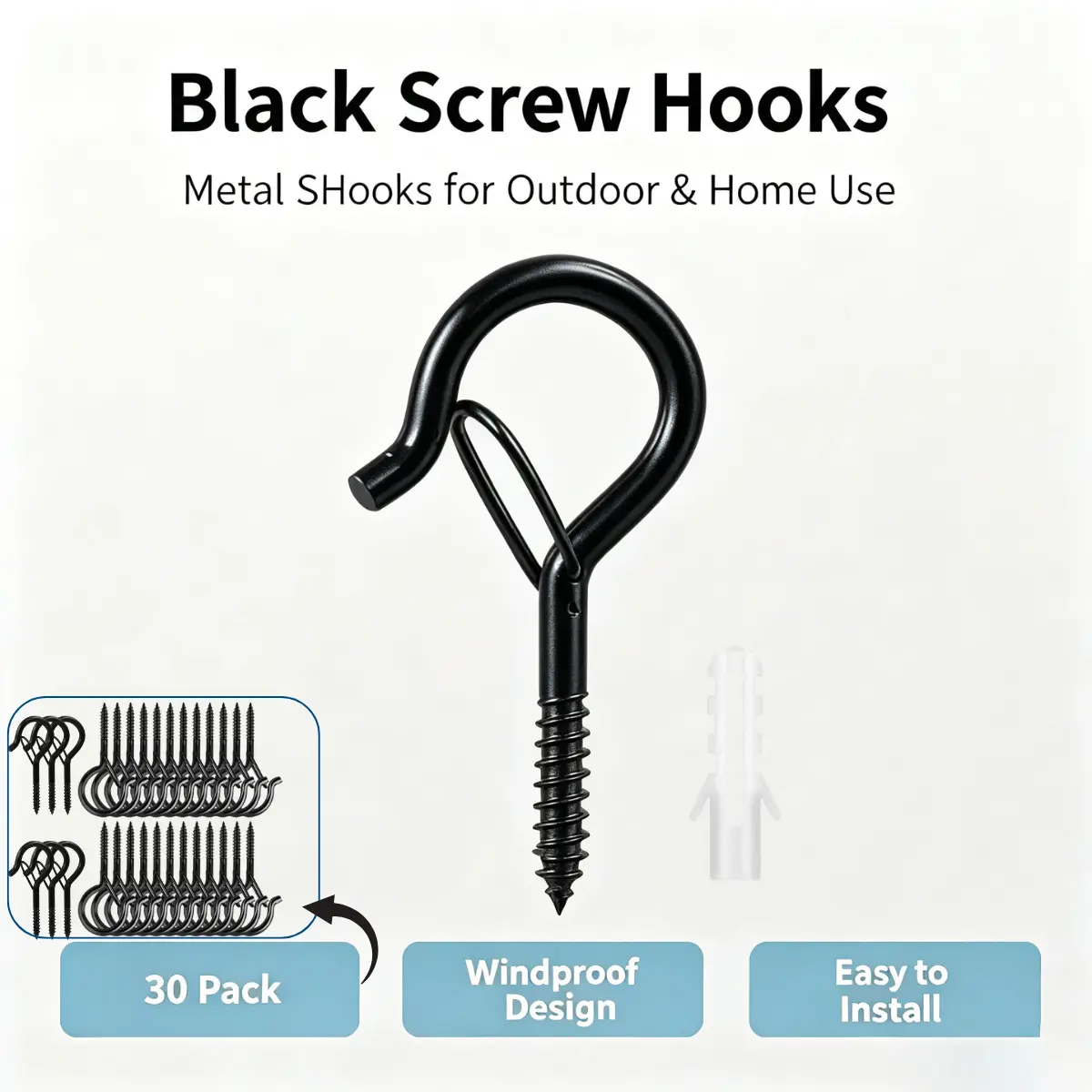30 Pack Q-Hook Safety Lock Screw Hooks Max 40LB Windproof Black Metal Eye Bolt Spring Buckle Hanging Hooks for Plants Lights Cables Outdoor Indoor Decor