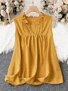 Plus Size Women's Sleeveless V-Neck Lace Trim Polka Dot Print Loose Flowy Cover-Up Top, Summer Casual Fashion Apparel