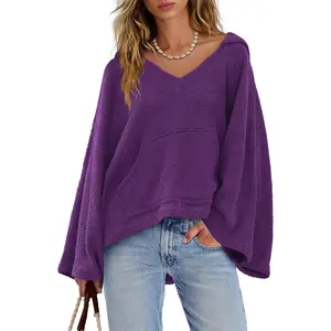 Womens V Neck Sweatshirt Oversized Hoodies Pullover Bell Sleeve Tops Trendy Loose Fit Sweatshirt with Pocket