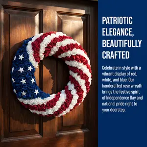 America 250 Red-White-Blue Patriotic Round Foam Wreath, Festive Door Hanger Decoration with Flower Ornaments for Home & Party Supplies