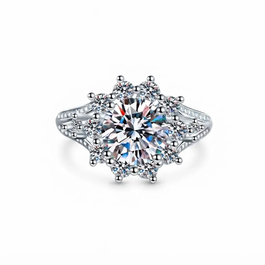 (Sunflower 3/10CT) 925 Sterling SilverSynthetic Moissanite Ring,big carat sunflower moissanite ring, round cut sunflower ring, sunflower engagement ring, halo round moissanite ring, 925 sterling silver sunflower ring,
