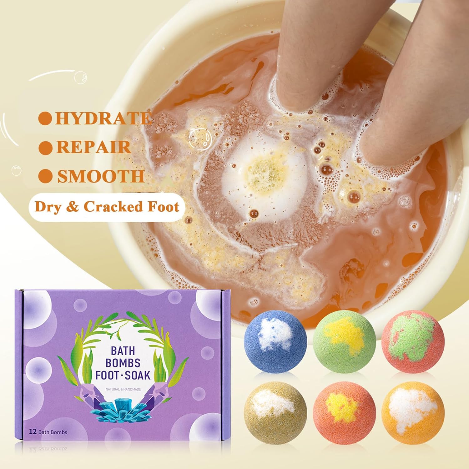 Foot Bath Bombs 12 Pack, Organic Natural Handmade Foot Soak with Bath Salt and Essential Oil, Foot Spa Bomb with Rich Bubbles for Relaxing Softening Moisturizing Dry & Tired Feet