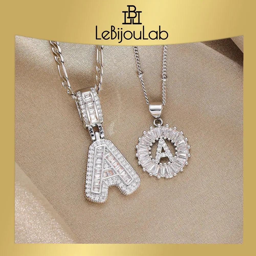 [LeBijouLab] 2 Pieces Initial Letter Necklace Set for Women | Silver Bubble Initial Necklaces for Women | Iced out Zirconia Stones Alphabet Necklace F