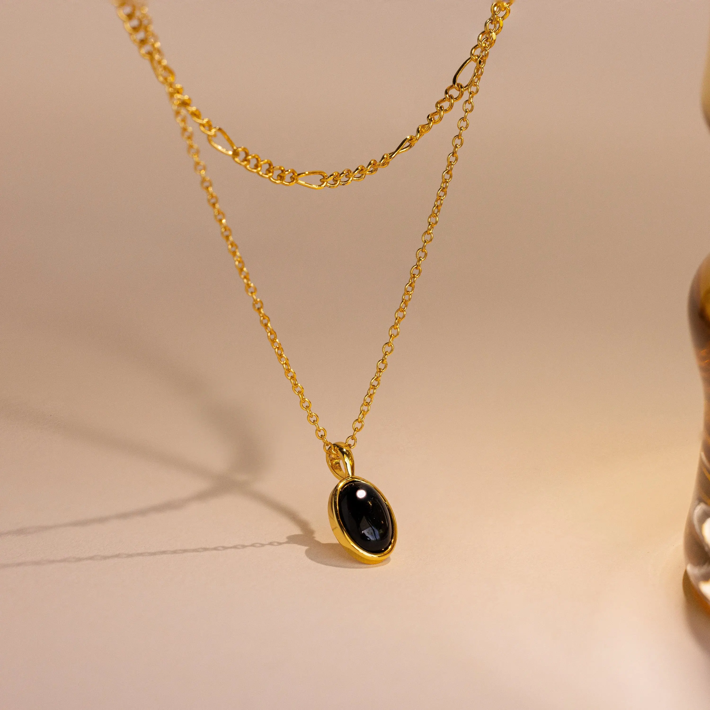 Onyx Figaro Duo Necklace by Caitlyn Minimalist - Layered Black Oval Pendant Necklace with Figaro Chain - Summer Jewelry - Gift for Her