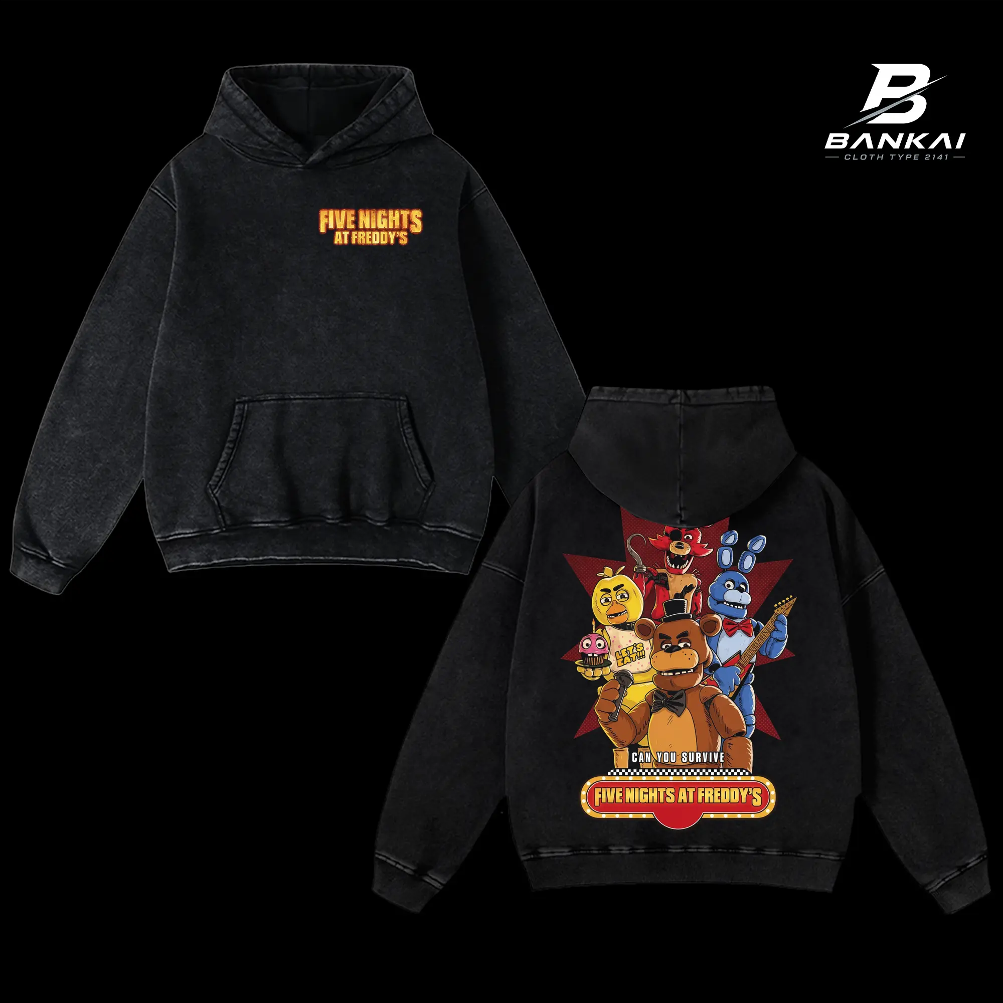 Five Nights at Freddy's Hoodie T-Shirt, Vintage Washed Oversized Unisex Graphic Hoodie, Freddy Bonnie Chica Foxy Design Shirt, Scary Double Sided Horror Gaming Apparel, FNAF Fan Gift