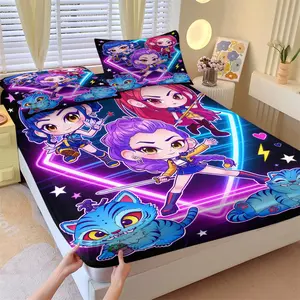 K-Pop Anime Girl Group Fitted Sheet Set, 1 Bed Cover and 2 Coreless Pillowcases, Blue Purple Neon Light Effects and Cyberpunk Girl Warrior Bedding, Soft Breathable Fabric, Gift or Bedroom Decor