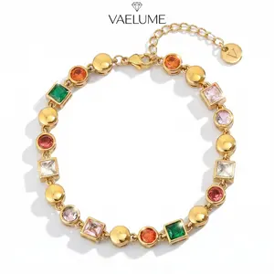 VAELUME Original 18K Gold Plated Rainbow Geometric Zircon Bracelet, 5A VVS Multi-Color Candy Gem Chain, Vintage Gold Dot Link for Daily Wear, Anniversaries,Birthday Gift for Women and Girls #B18851