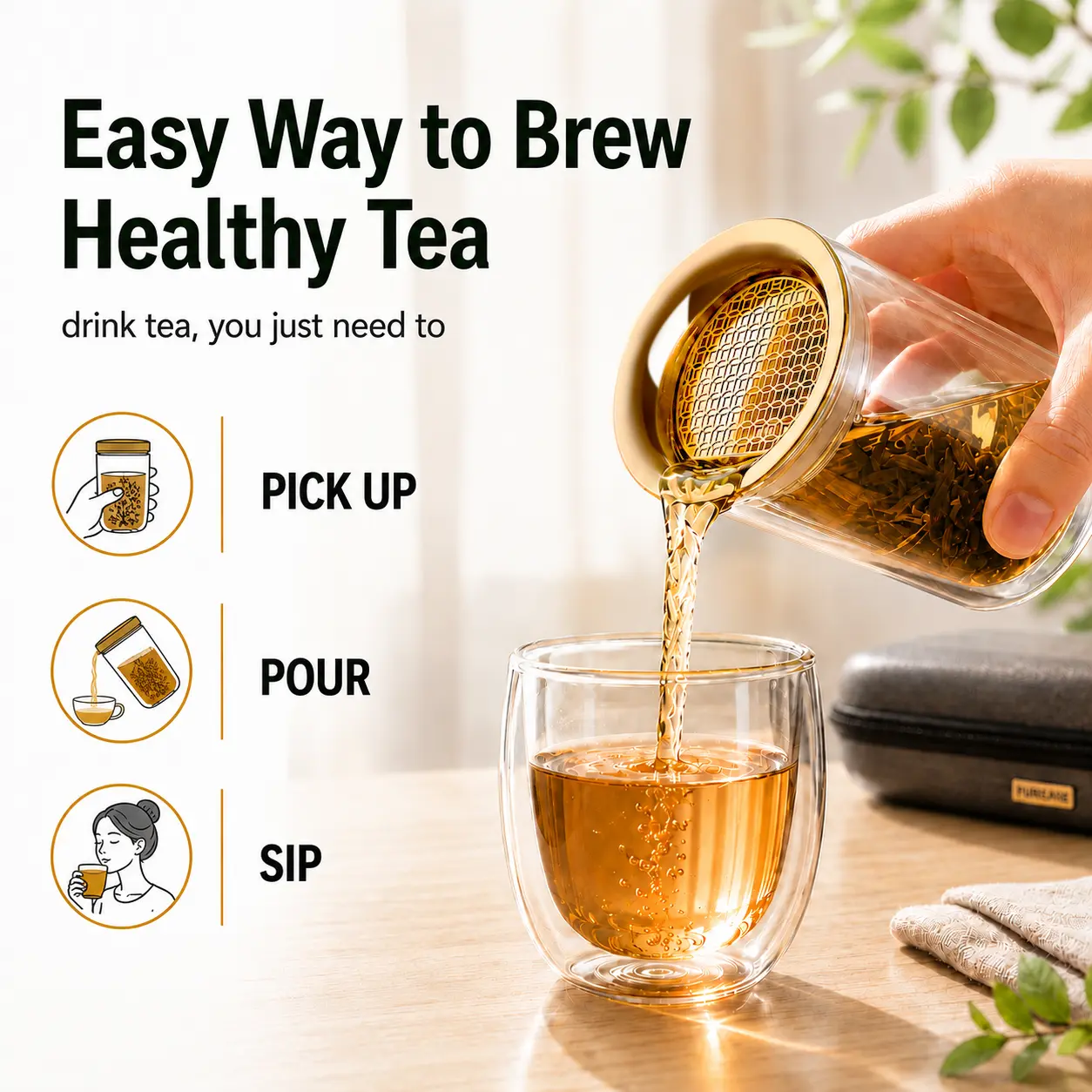 Easy-Brew Glass Tea Infuser for Loose Leaf Tea, Leaf-Free Pour, Double-Wall Cool-Touch Cup with Chinese Auspicious Pattern Lid and Travel Case