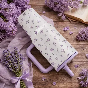 mikenda 40oz Insulated Floral Water Bottle with Handle and Straw, Leakproof Stainless Steel Tumbler, Purple Flower Aesthetic Cup for Women, Travel Gym Office Daily Hydration Gift for Her, Drinkware