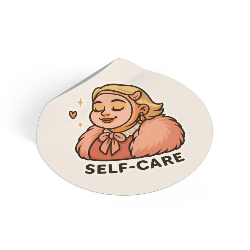 Self-Care Illustration round vinyl stickers | cute woman, cozy fur, relaxation