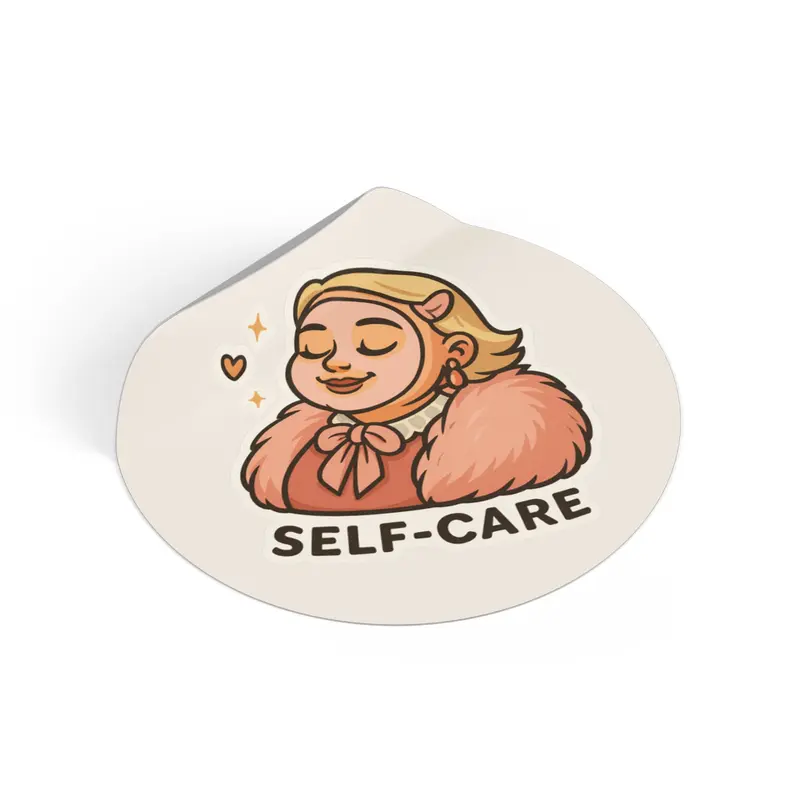 Self-Care Illustration round vinyl stickers | cute woman, cozy fur, relaxation